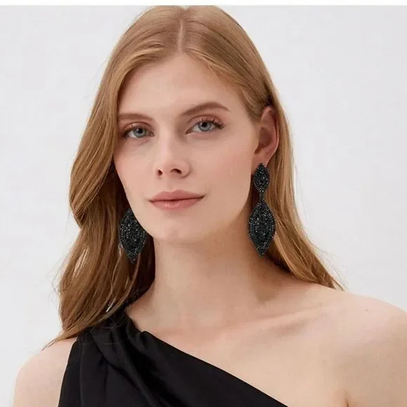 Carbon Black with Black Onyx Crystal Double Leaf Chandelier Post Back Earrings